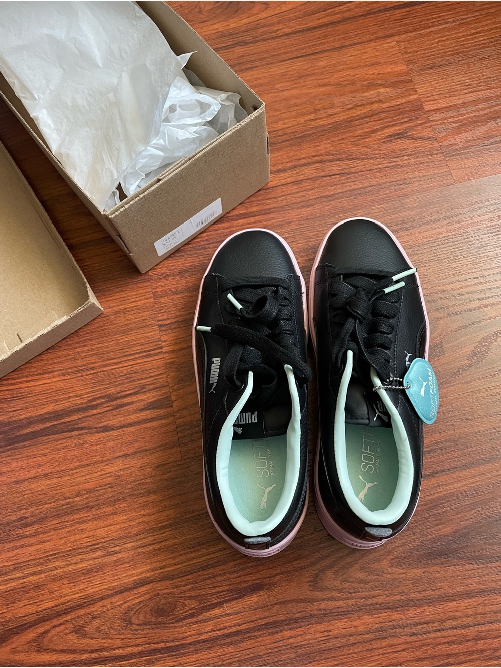Puma Women's Black Sneakers with Pink Trim and Mint Insole
